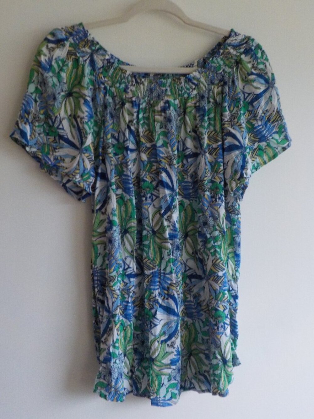 Liz Claiborne Blouse - XL Tall - Blue Green White Tropical Short Sleeve (2500)